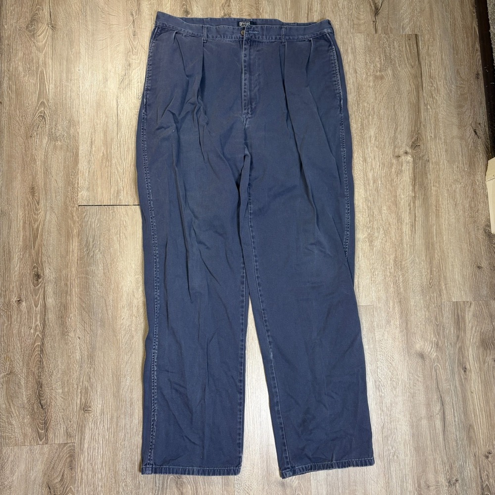 VTG Polo Ralph Lauren Mens Chino Pants 38x33 Blue Navy Pleated Relaxed